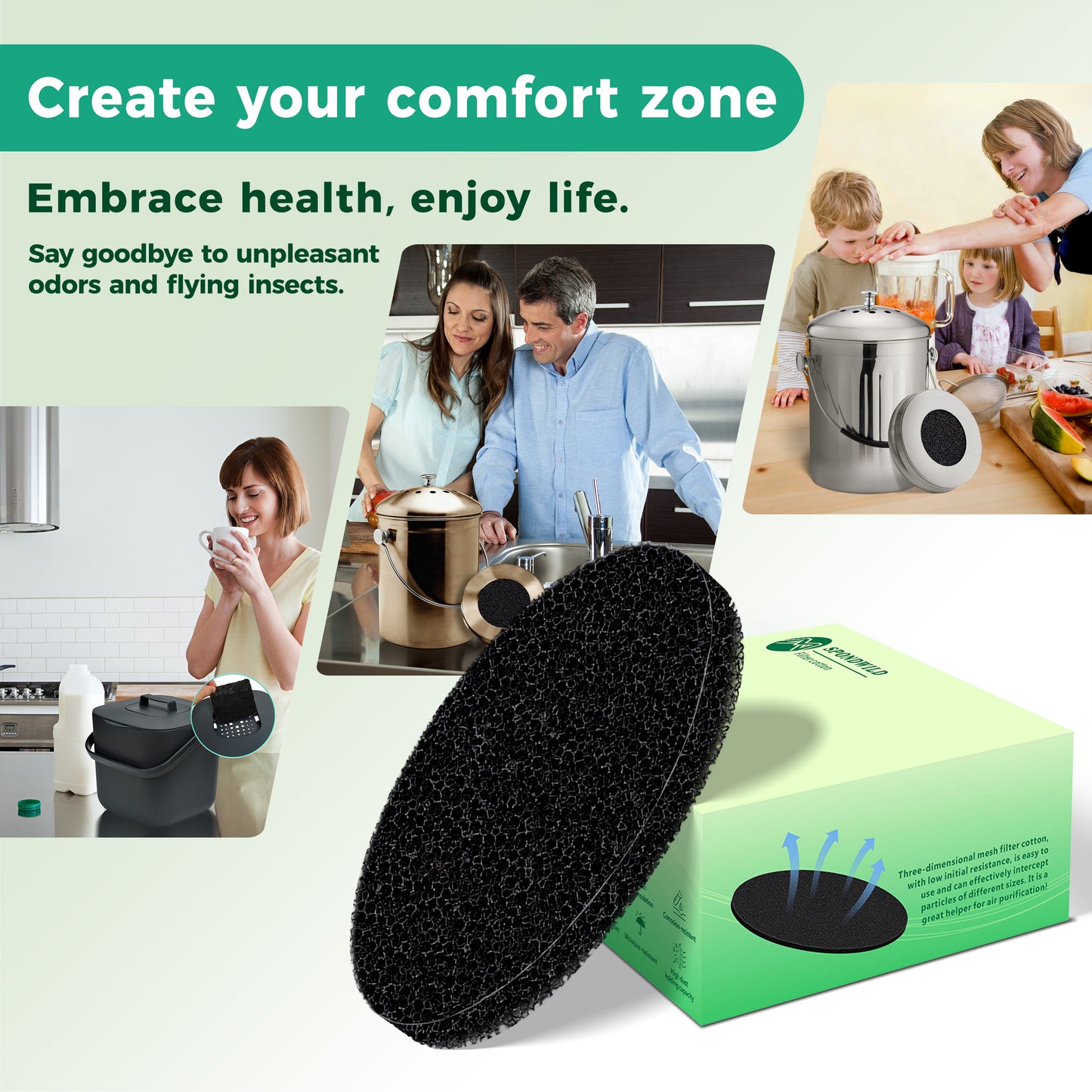 SPONDWILD Polyurethane Activated Charcoal Filters -7 Pack Strong Odor Control Replacements for Kitchen and Countertop Compost Buckets/Bins