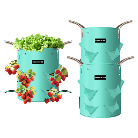 SPONDWILD 3 Pack Strawberry Grow Bags, Heavy Duty Reusable PE Pots with Breathable Window, Branch & Drainage Holes, Reinforced Handles for Strawberries, Veggies, Flowers, Balcony/Patio Use