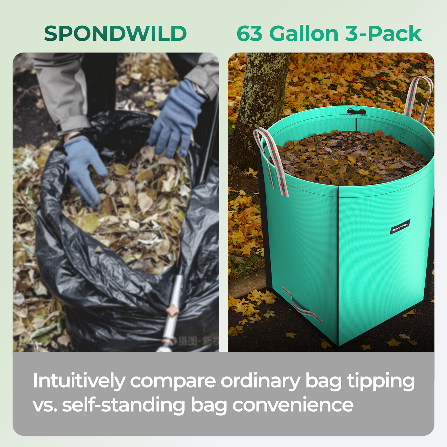SPONDWILD Reusable Yard Waste Bag - Durable PE Standable Lawn Leaf Bag with 4 Reinforced Handles, Collapsible Portable Garden Container for Leaves, Yard Waste, Garden Debris (Green)