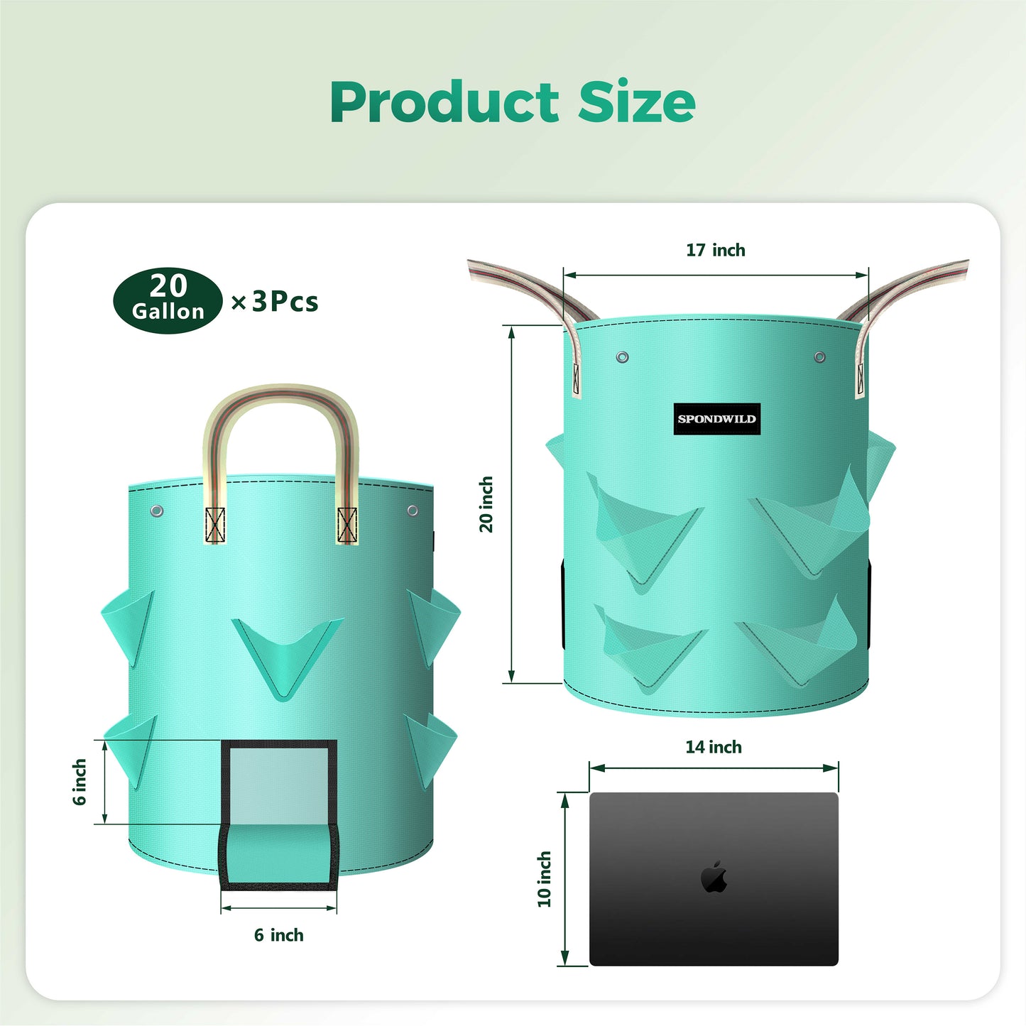 SPONDWILD 3 Pack Strawberry Grow Bags, Heavy Duty Reusable PE Pots with Breathable Window, Branch & Drainage Holes, Reinforced Handles for Strawberries, Veggies, Flowers, Balcony/Patio Use