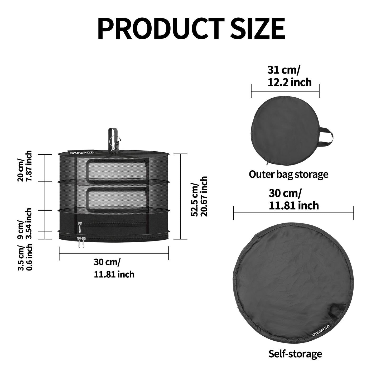 Herb Drying Hanging Mesh Rack - 1ft Diameter (D12xH21 inch) 3 Layer, Foldable Plant Drying Net with U-Shaped Zipper & Storage Pouch for Herbs, Plants, Flowers, Fruits, Food