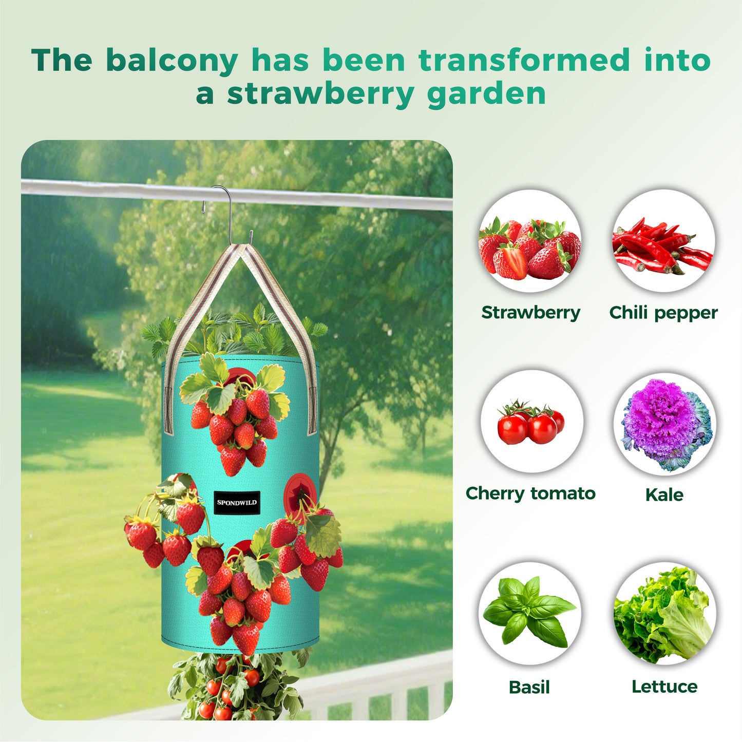 SPONDWILD 3 Pack Hanging Strawberry Planter Bags, Hanging Grow Bags with Bottom Planting Hole, Thickened PE Strawberry Pot for Vegetables Herbs Tomatoes