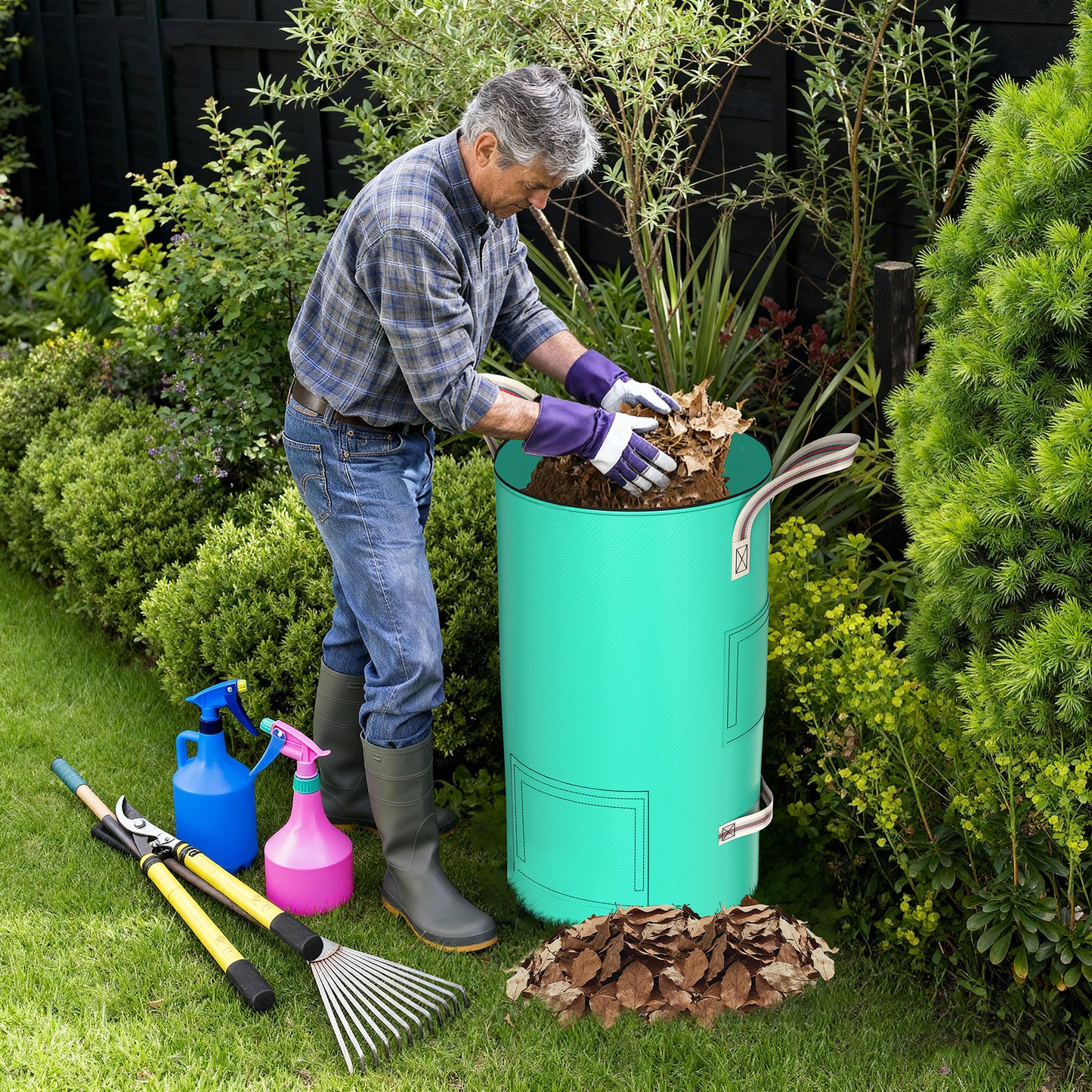 SPONDWILD 32 gallon Reusable Garden Yard Waste Bag – Breathable Thickened Reusable Lawn Bag, with 4 Handles for Easy Moving & Foldable Design, for Leaf & Miscellaneous Debris Collection(Green)