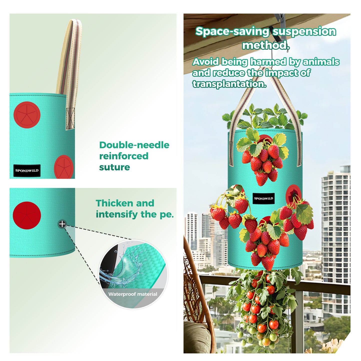 SPONDWILD 3 Pack Hanging Strawberry Planter Bags, Hanging Grow Bags with Bottom Planting Hole, Thickened PE Strawberry Pot for Vegetables Herbs Tomatoes