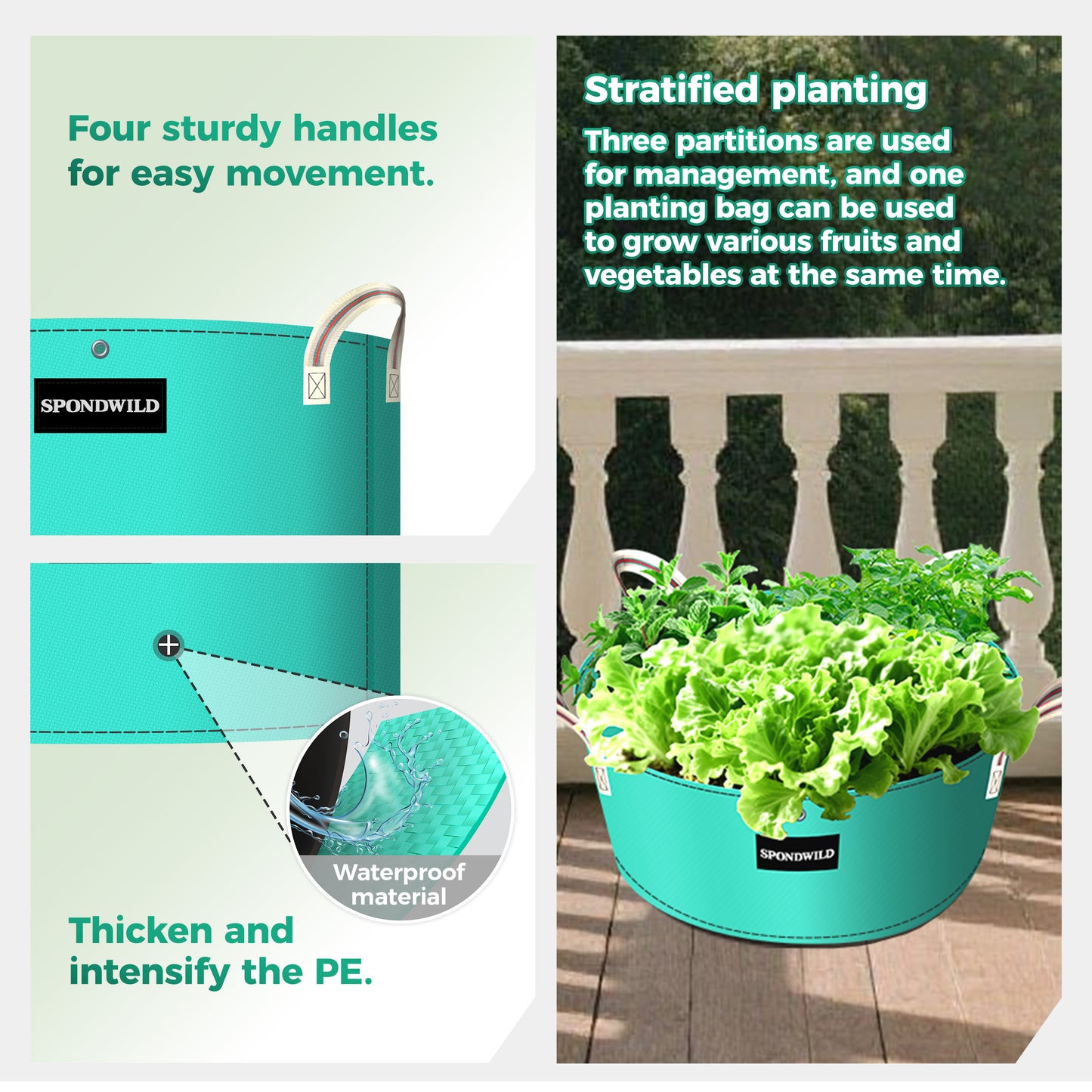 SPONDWILD 2 Pack 3 Compartment Potato Grow Bag,Vegetable Growing BagThickened PE Garden Pots with Drainage Holes Branch-Binding Holes, Reusable Plant Bag for Vegetables、Flowers