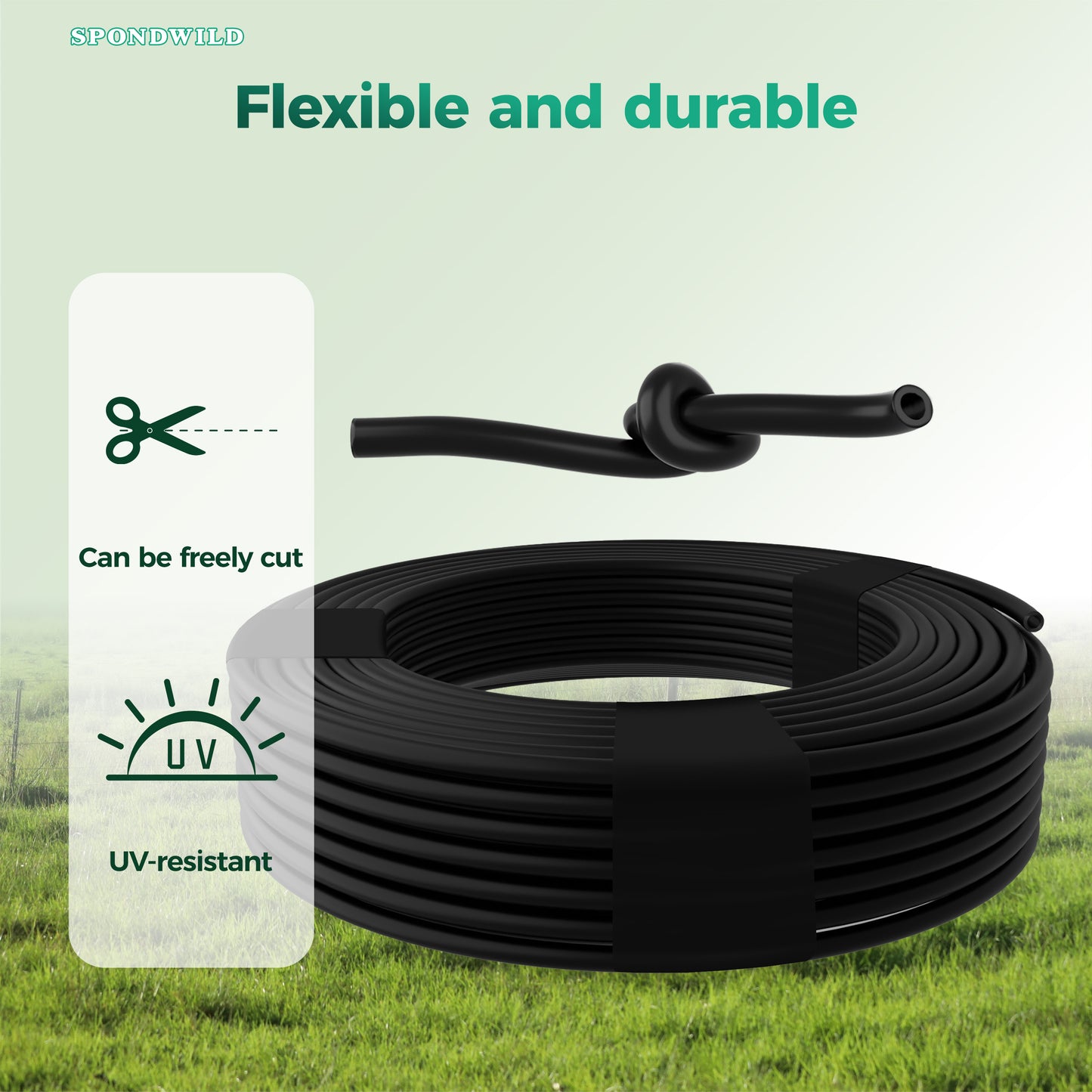 SPONDWILD 50Ft 1/4 Inch Blank Distribution Tubing - UV Protected Flexible Black Drip Hose, Universal for Garden, Potted Plants & Veggie Beds, Fits Standard Drip Components
