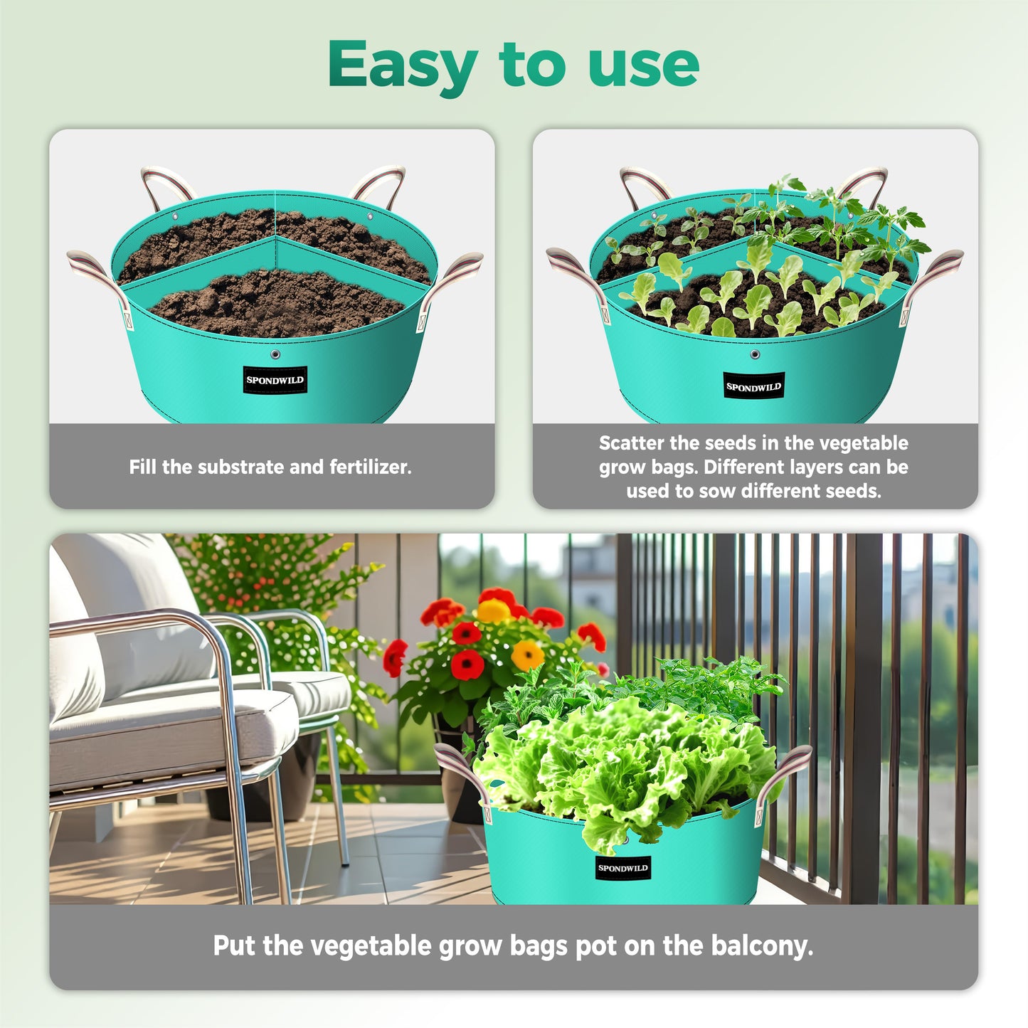 SPONDWILD 2 Pack 3 Compartment Potato Grow Bag,Vegetable Growing BagThickened PE Garden Pots with Drainage Holes Branch-Binding Holes, Reusable Plant Bag for Vegetables、Flowers