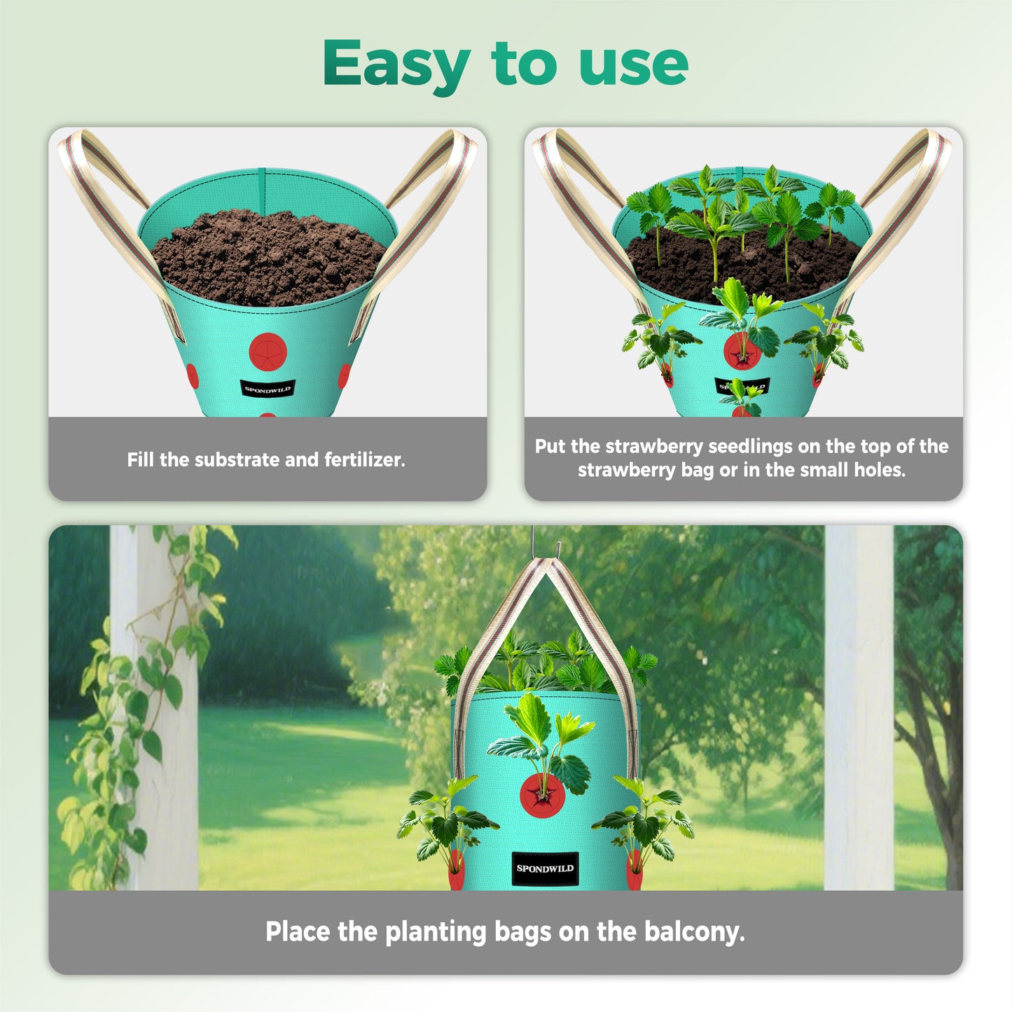 SPONDWILD 3 Pack Hanging Strawberry Planter Bags, Hanging Grow Bags with Bottom Planting Hole, Thickened PE Strawberry Pot for Vegetables Herbs Tomatoes