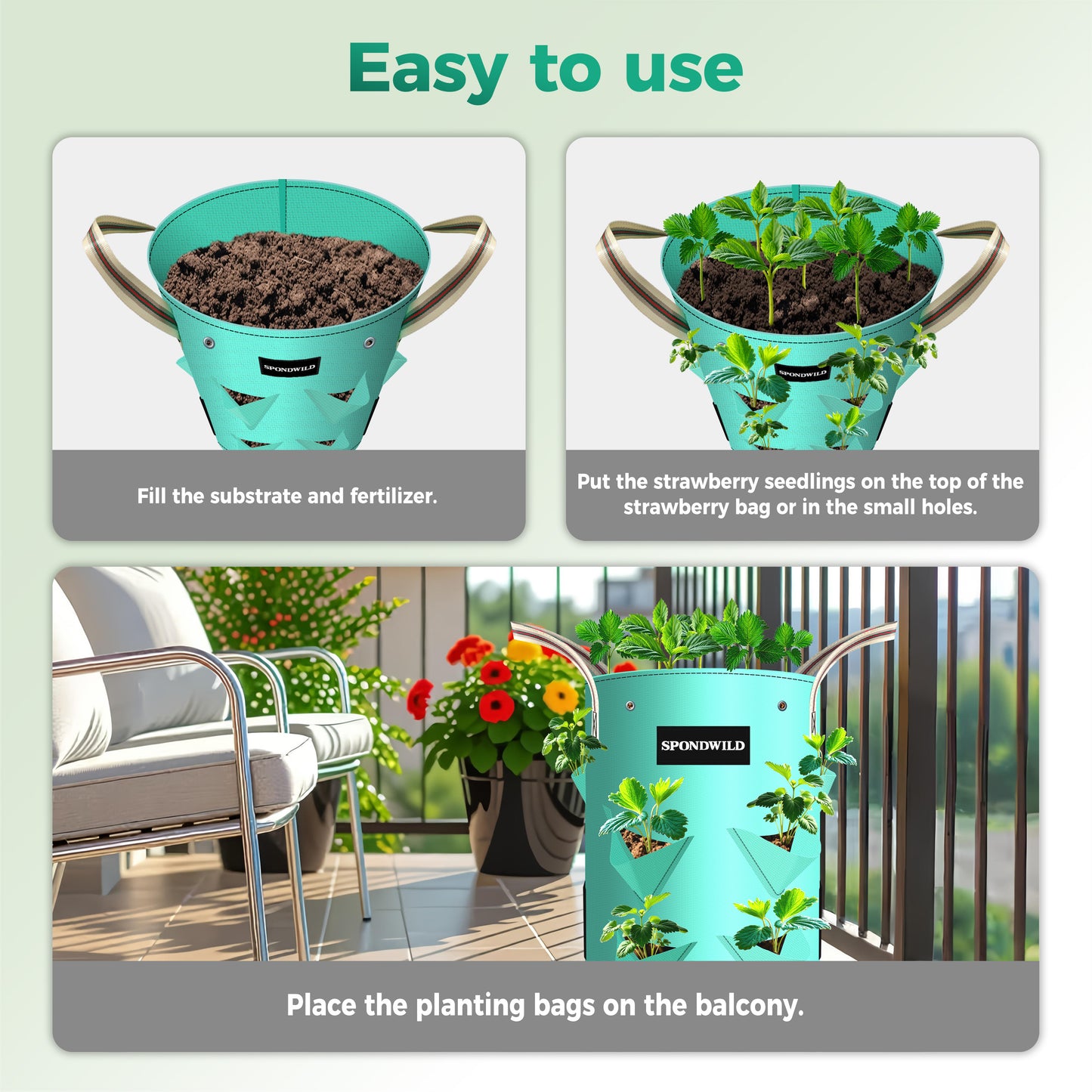 SPONDWILD 3 Pack Strawberry Grow Bags, Heavy Duty Reusable PE Pots with Breathable Window, Branch & Drainage Holes, Reinforced Handles for Strawberries, Veggies, Flowers, Balcony/Patio Use