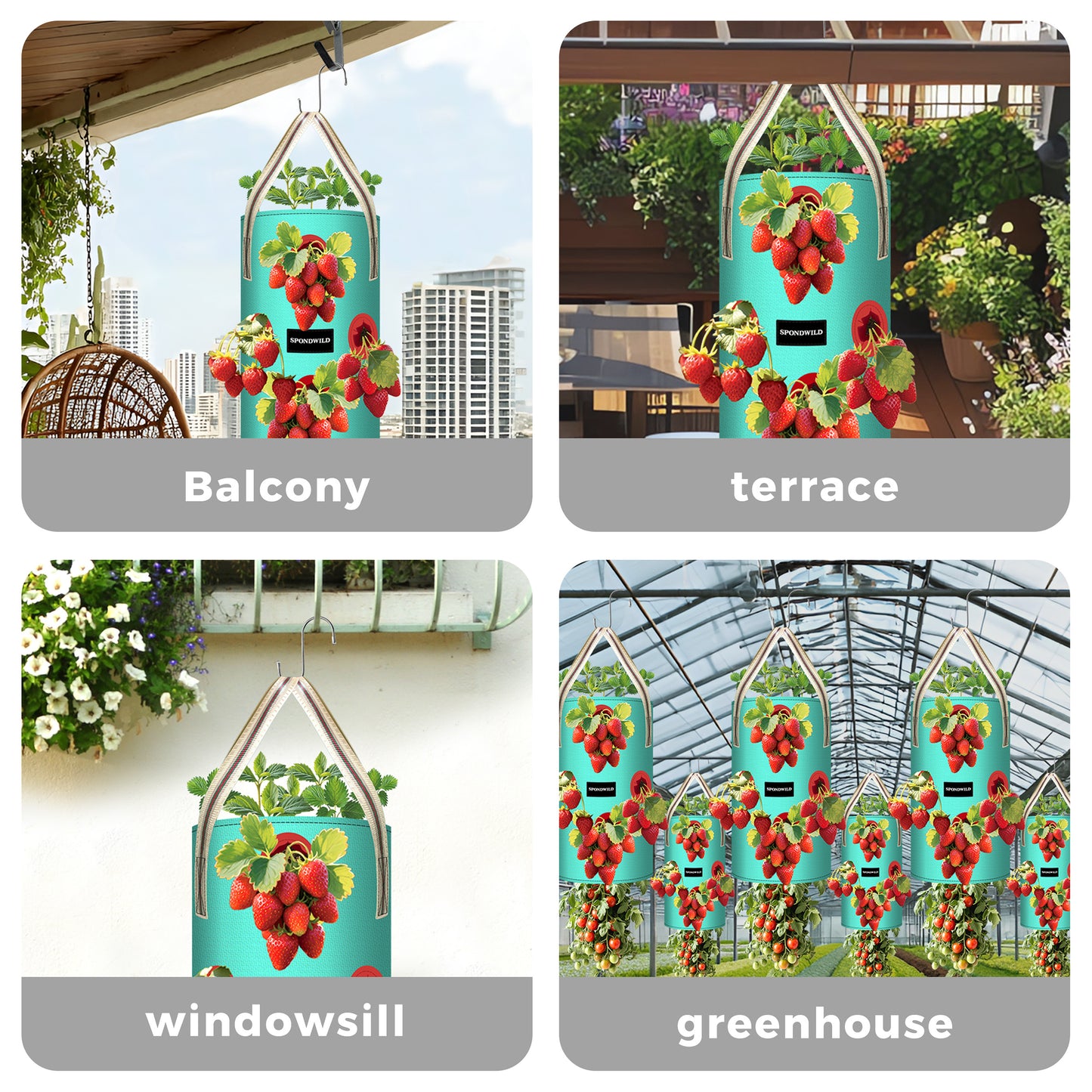 SPONDWILD 3 Pack Hanging Strawberry Planter Bags, Hanging Grow Bags with Bottom Planting Hole, Thickened PE Strawberry Pot for Vegetables Herbs Tomatoes