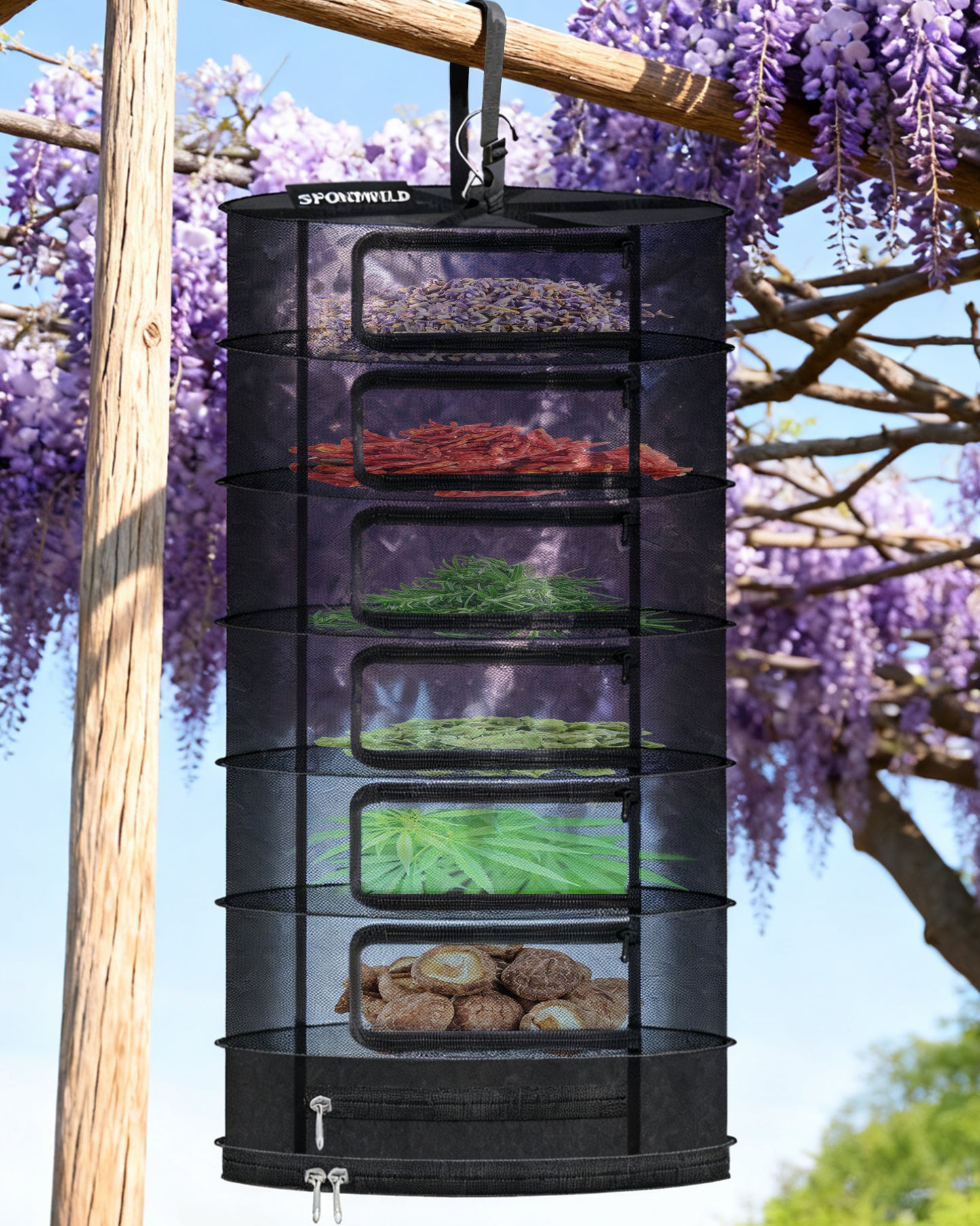 Herb Drying Hanging Mesh Rack - 1ft Diameter (D12xH21 inch) 3 Layer, Foldable Plant Drying Net with U-Shaped Zipper & Storage Pouch for Herbs, Plants, Flowers, Fruits, Food