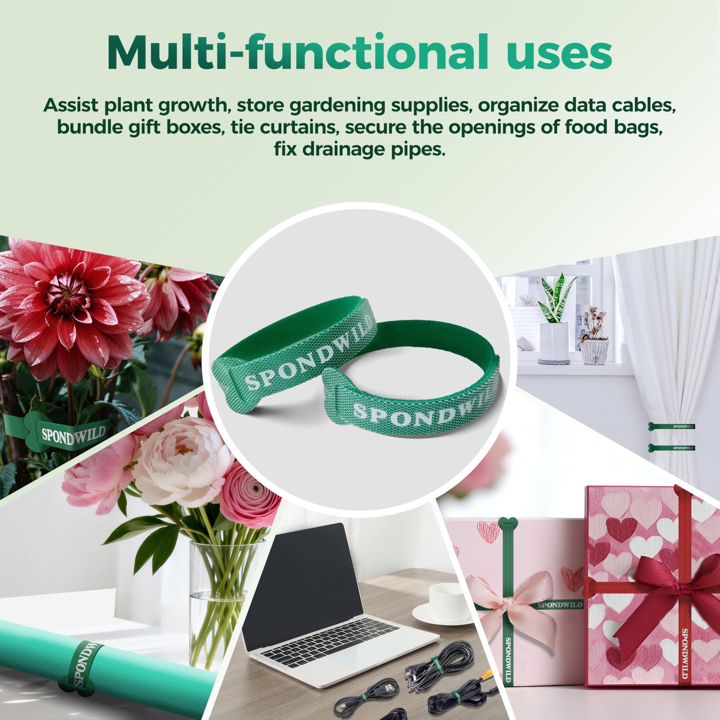 9.8 Inch Reusable Cable Ties - Adjustable Multi-Purpose Wire Ties for Home Office Cord Management(Green,40Pcs)
