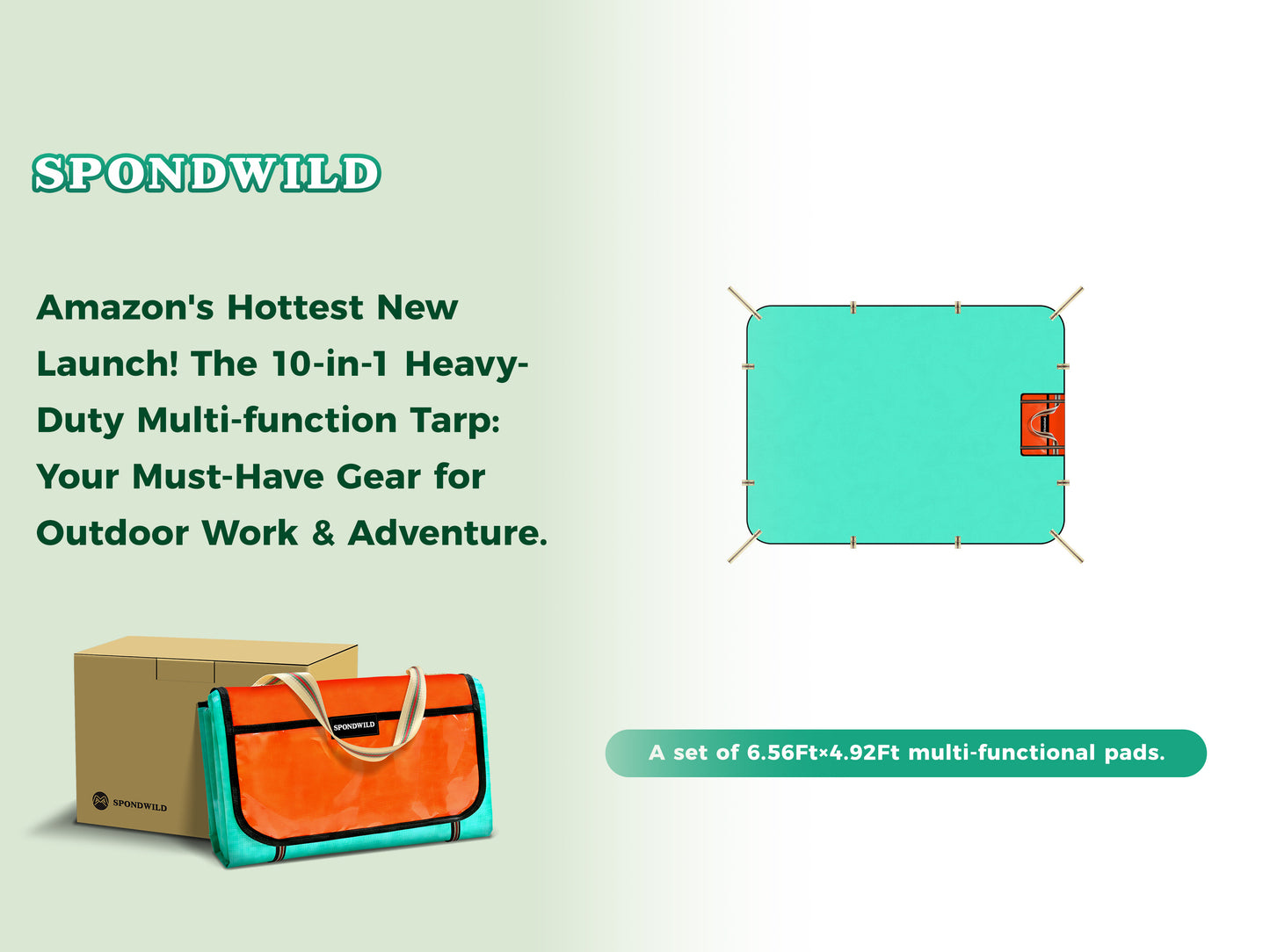 SPONDWILD Heavy Duty Waterproof Tarp, 200G Multipurpose Tear and Rip Proof UV Resistant Tarpaulin with Reinforced Handles and Portable Storage Bag, Green Tarp