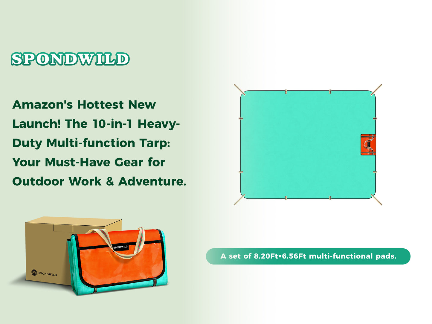 SPONDWILD Heavy Duty Waterproof Tarp, 200G Multipurpose Tear and Rip Proof UV Resistant Tarpaulin with Reinforced Handles and Portable Storage Bag, Green Tarp