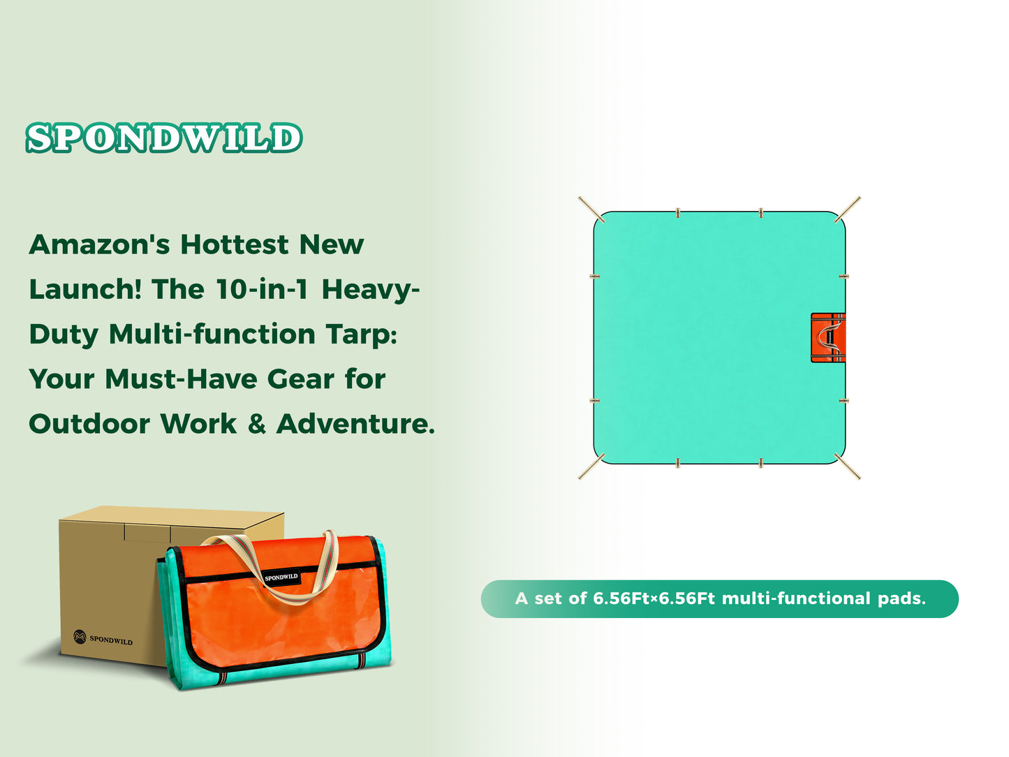 SPONDWILD Heavy Duty Waterproof Tarp, 200G Multipurpose Tear and Rip Proof UV Resistant Tarpaulin with Reinforced Handles and Portable Storage Bag, Green Tarp