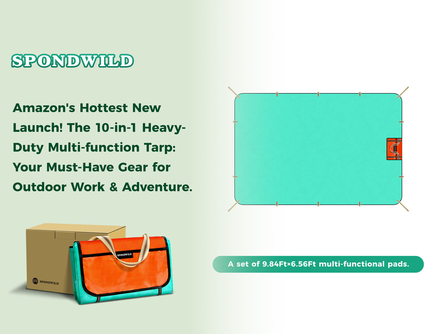 SPONDWILD Heavy Duty Waterproof Tarp, 200G Multipurpose Tear and Rip Proof UV Resistant Tarpaulin with Reinforced Handles and Portable Storage Bag, Green Tarp