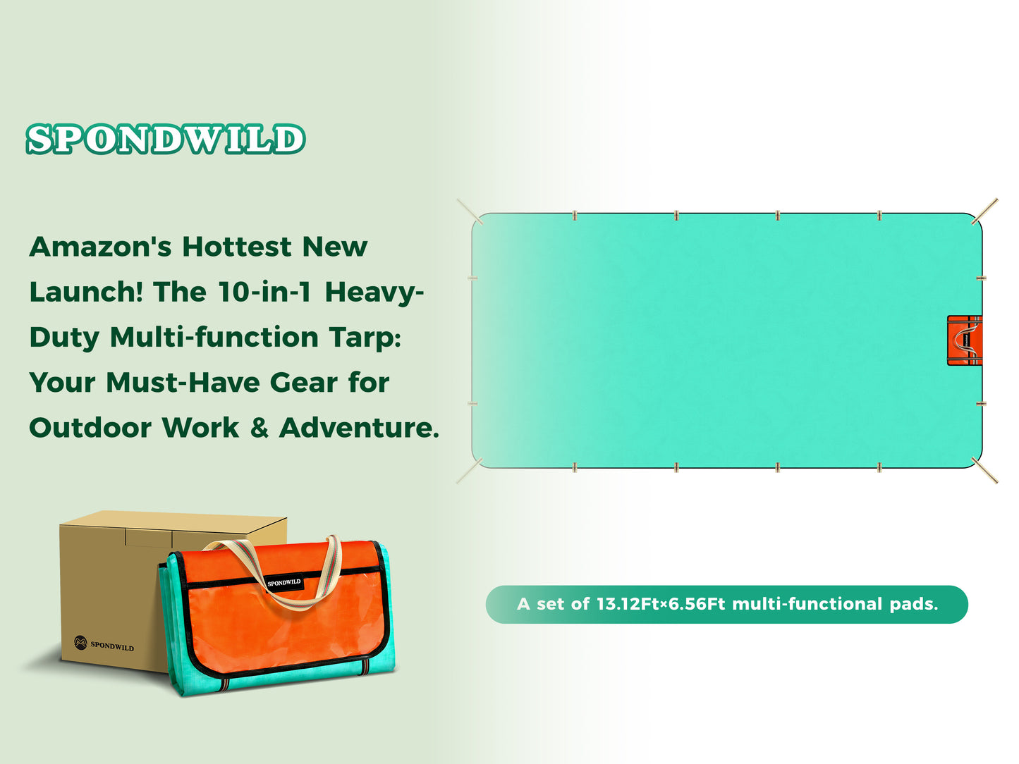 SPONDWILD Heavy Duty Waterproof Tarp, 200G Multipurpose Tear and Rip Proof UV Resistant Tarpaulin with Reinforced Handles and Portable Storage Bag, Green Tarp