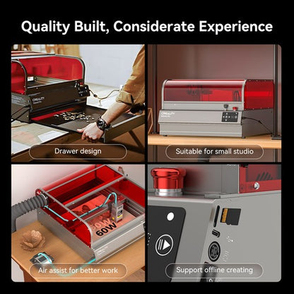 Creality Falcon2 Pro Laser Engraver 60W with 1.6W Laser Module, FDA Class1, Fully Enclosed & Drawer Design, Lid-open Safety Stop, Air Assist, Built-in Camera, 700mm/min Max Speed, 400*400mm